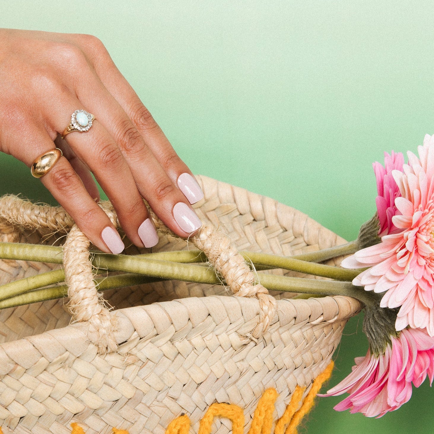 Blushy neutral rietentas nagels bloemen