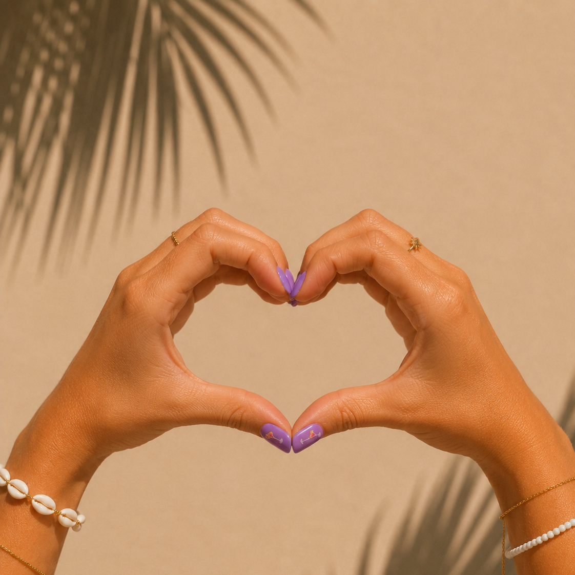 Happy Hour lilac purple gel nail stickers by Maniac Nails, hands forming a heart shape in golden sunlight
