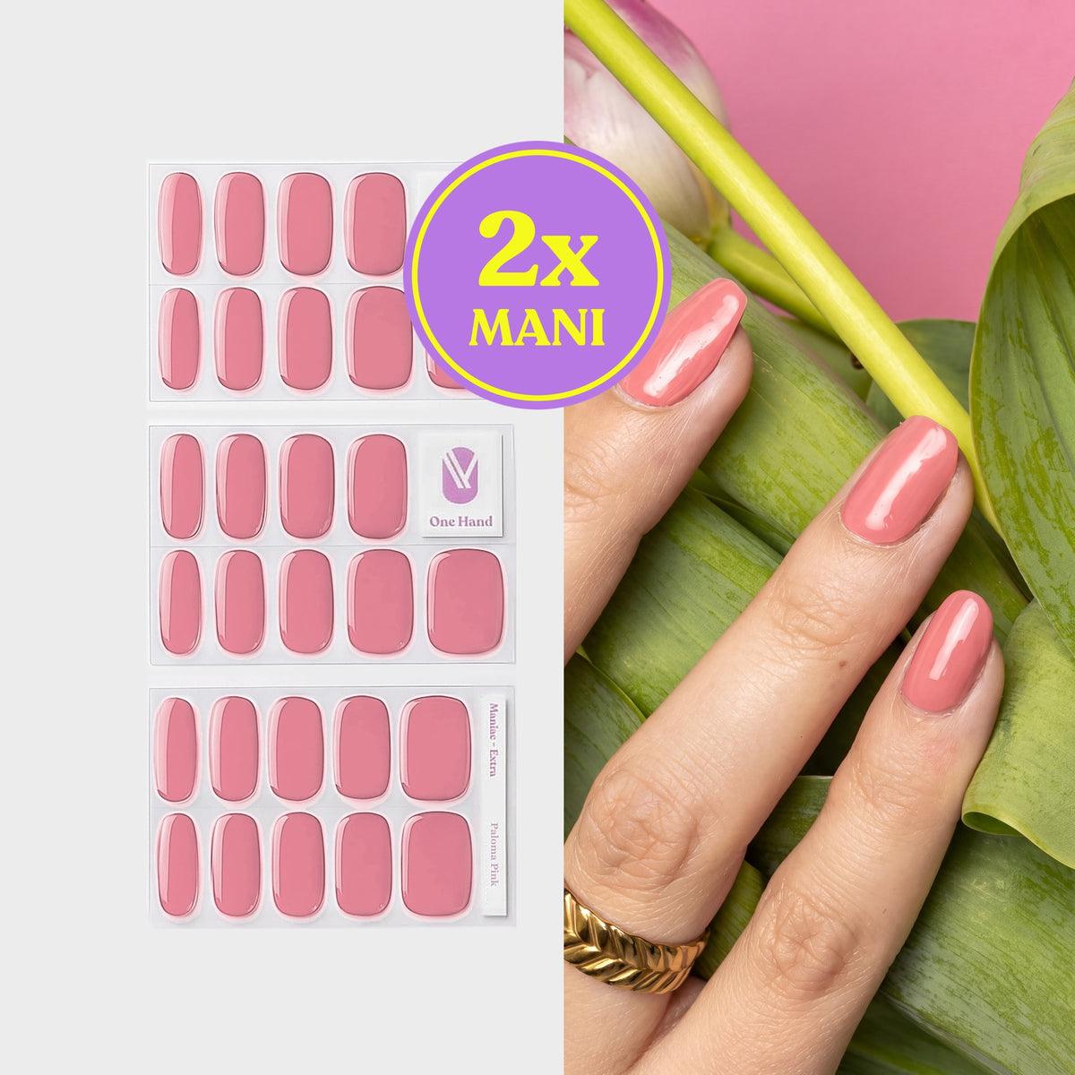 Paloma Pink gel nail strips for 2 manicures, sticker sheets and result on nails | Maniac Nails