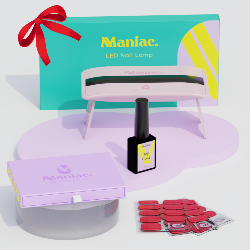 Perfect Maniac nails gift set, mini led lamp, top coat shine en Ruby Red