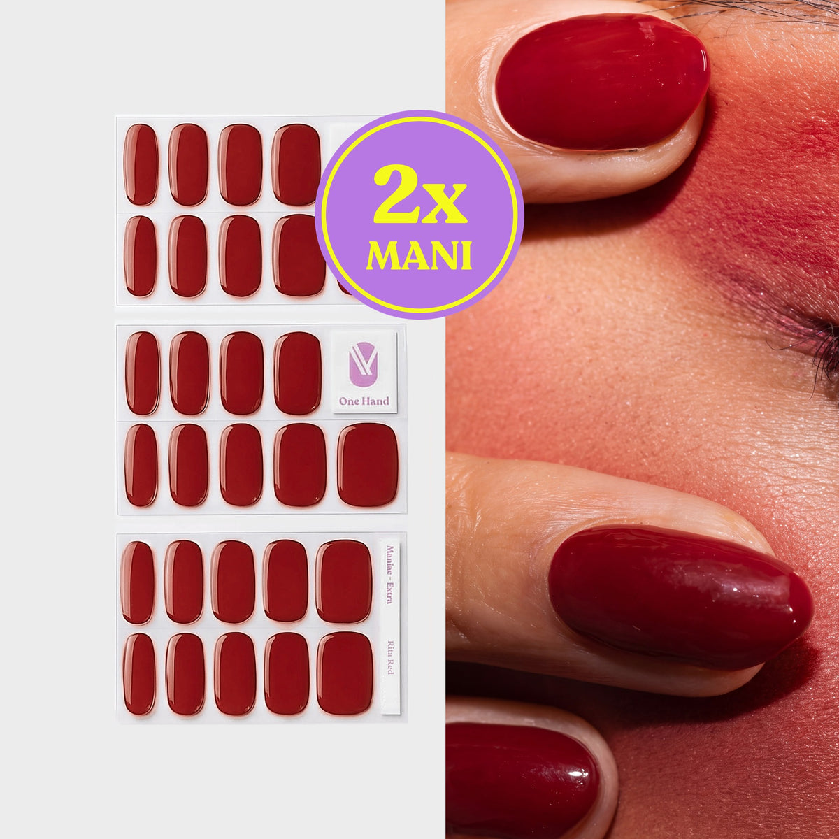 Rita Red gellak stickers voor 2 manicures, stickervellen en resultaat op de nagels | Maniac Nails