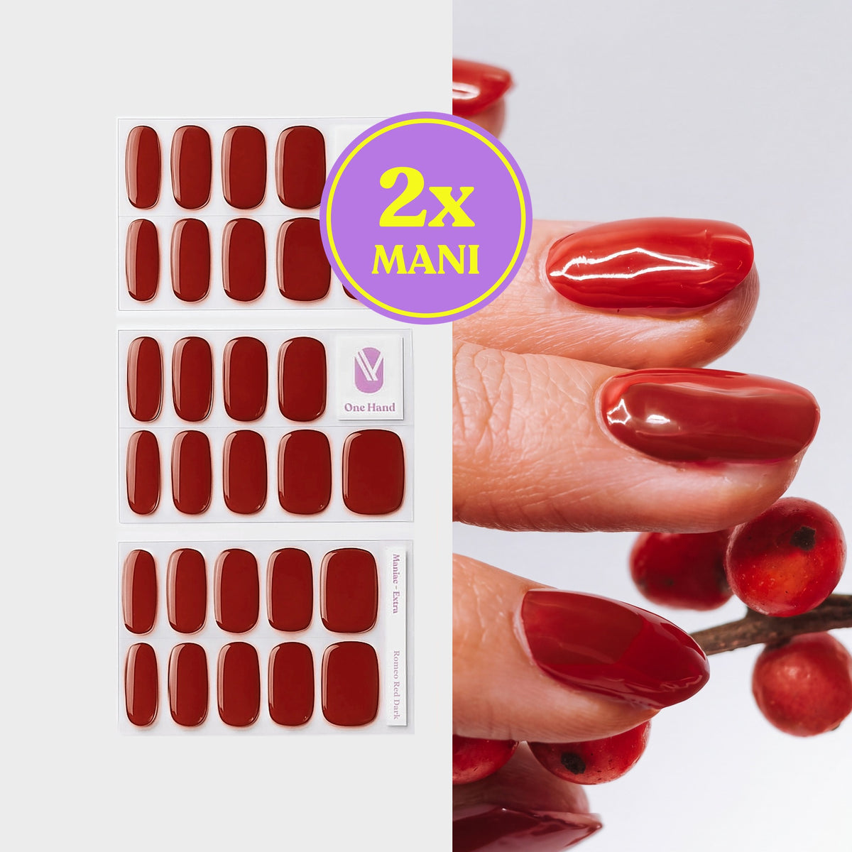 Romeo Red Dark gel nail strips for 2 manicures, sticker sheets and result on nails | Maniac Nails