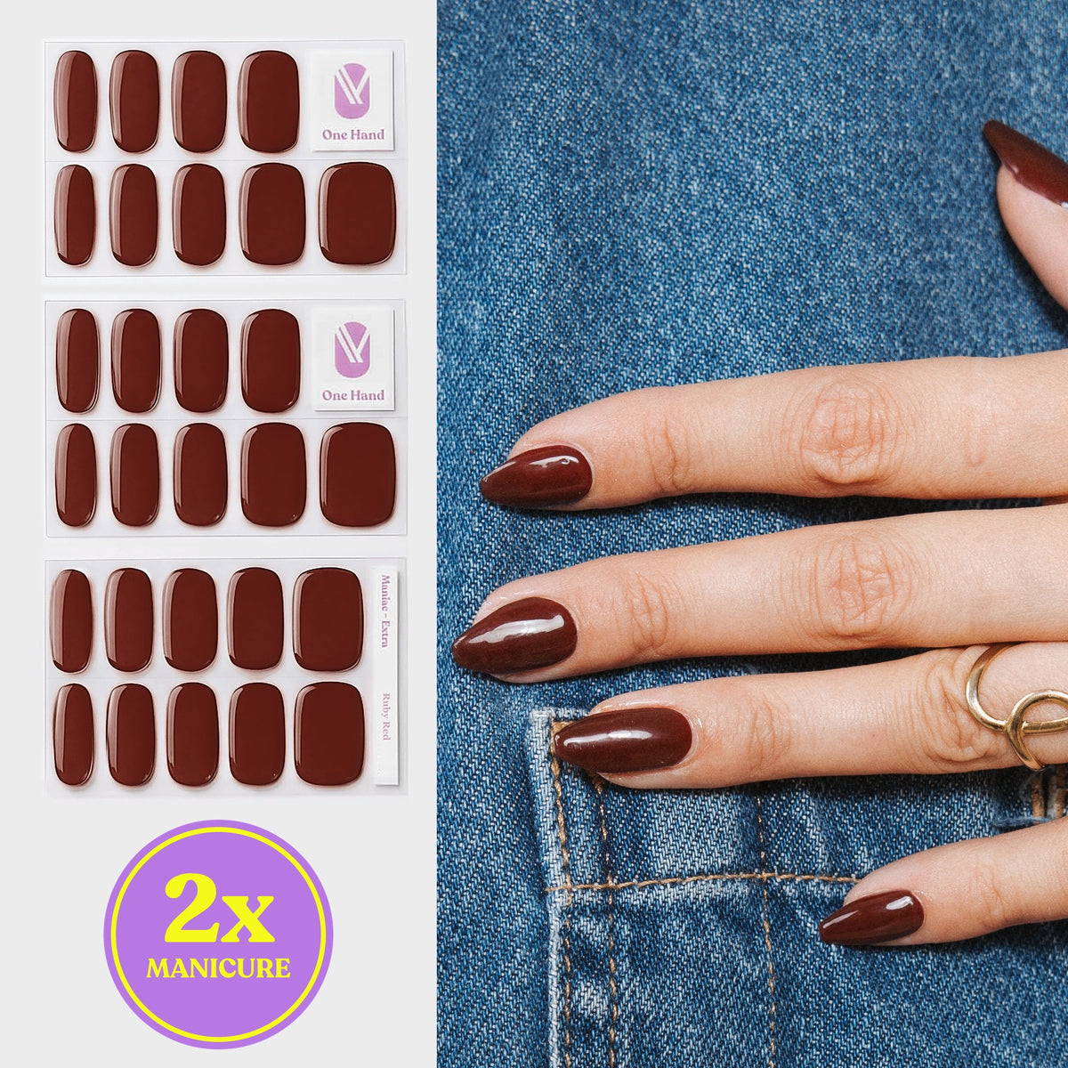 Ruby Red gellak stickers voor 2 manicures, stickervellen en resultaat op de nagels | Maniac Nails