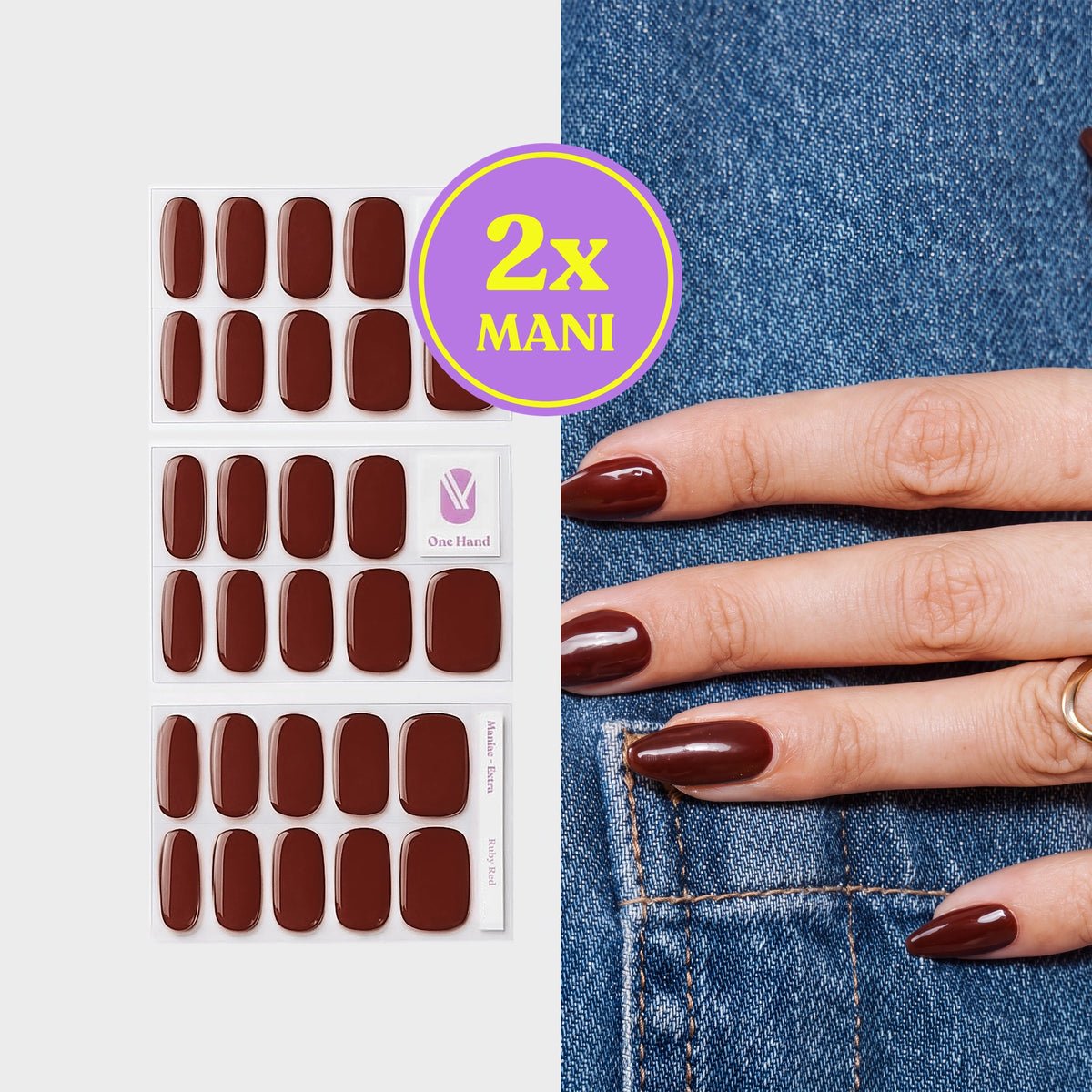 Ruby Red gel nail strips for 2 manicures, sticker sheets and result on nails | Maniac Nails