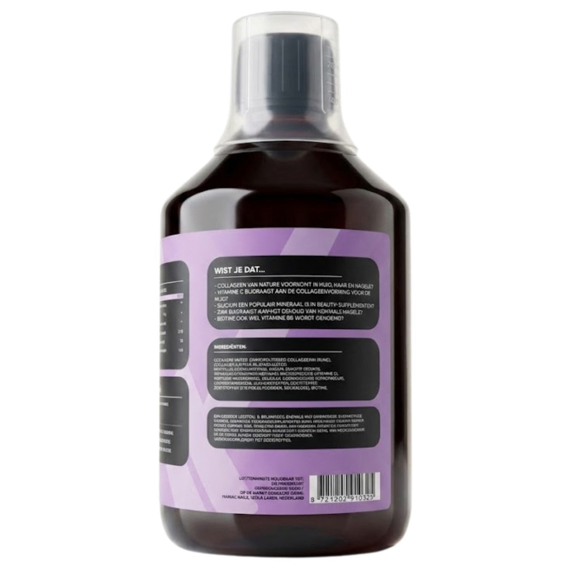 Back label of the Maniac Nails Nail Vitamin Shot showing the Did You Know facts about collagen, vitamin C, silicon, zinc and biotin, plus the full ingredient list and barcode.