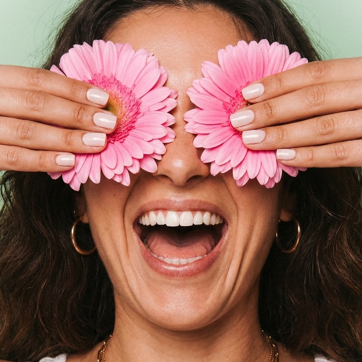 Blushy Neutral gellak stickers - lachende vrouw met roze gerbera's voor haar ogen