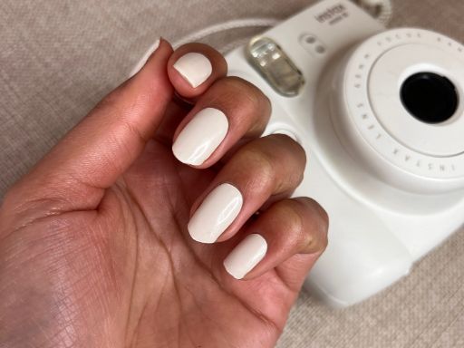 Maniac Nails White Almond Nails clean and fresh polaroid camera