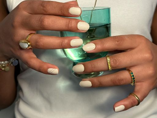 Maniac Nails White Almond Nails clean and fresh rings and glass of wine