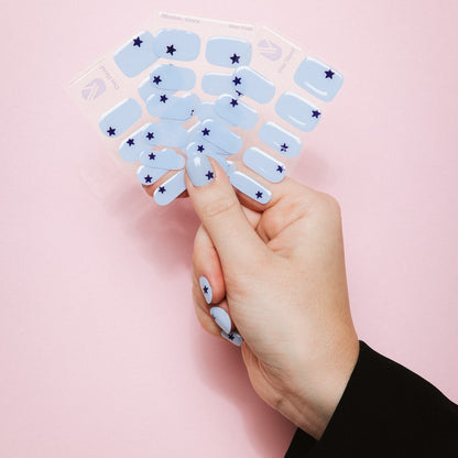Blue Wish nail sticker sheets and manicured nails by Maniac Nails, easy salon quality gel nails at home