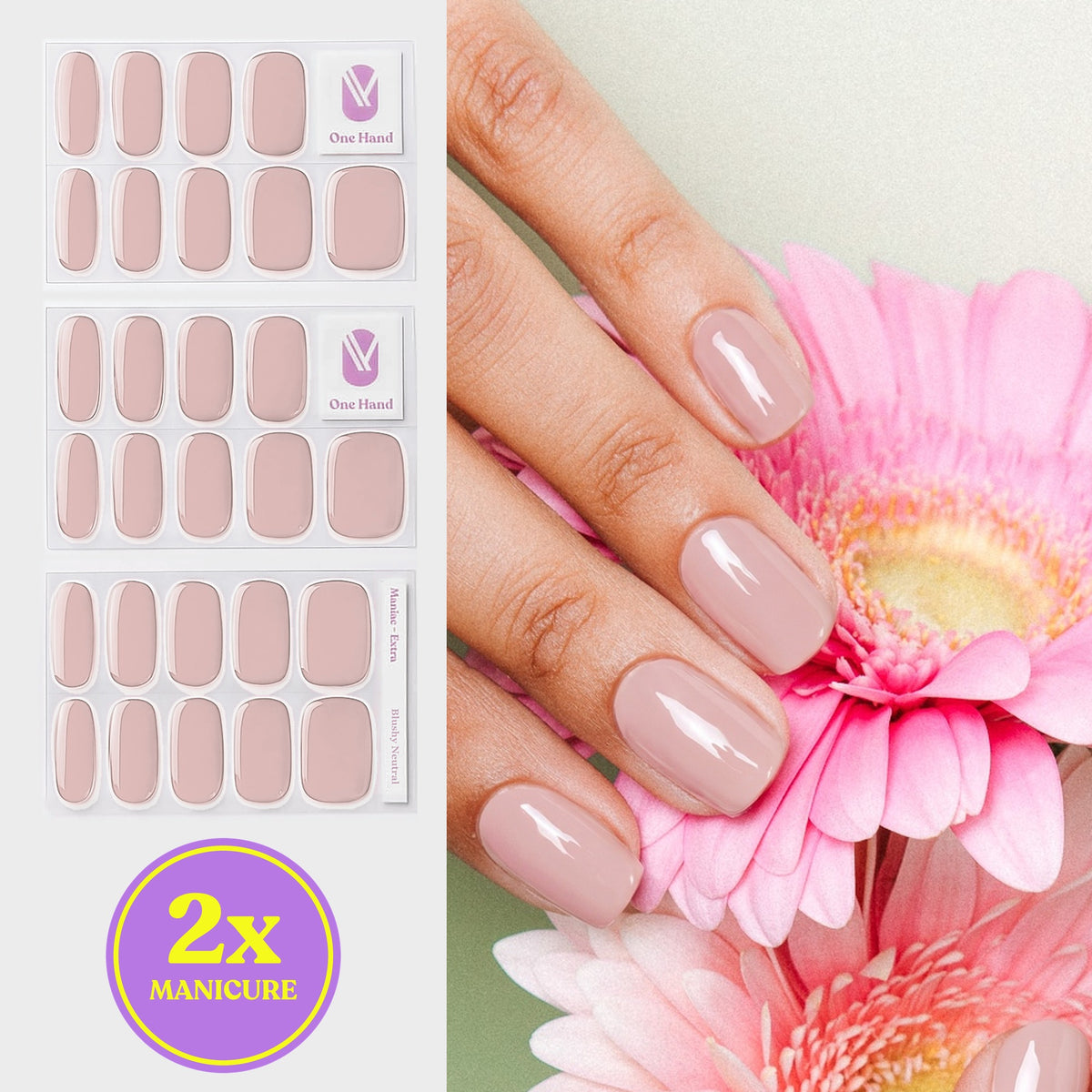 Blushy Neutral gellak stickers voor 2 manicures, stickervellen en resultaat op de nagels | Maniac Nails