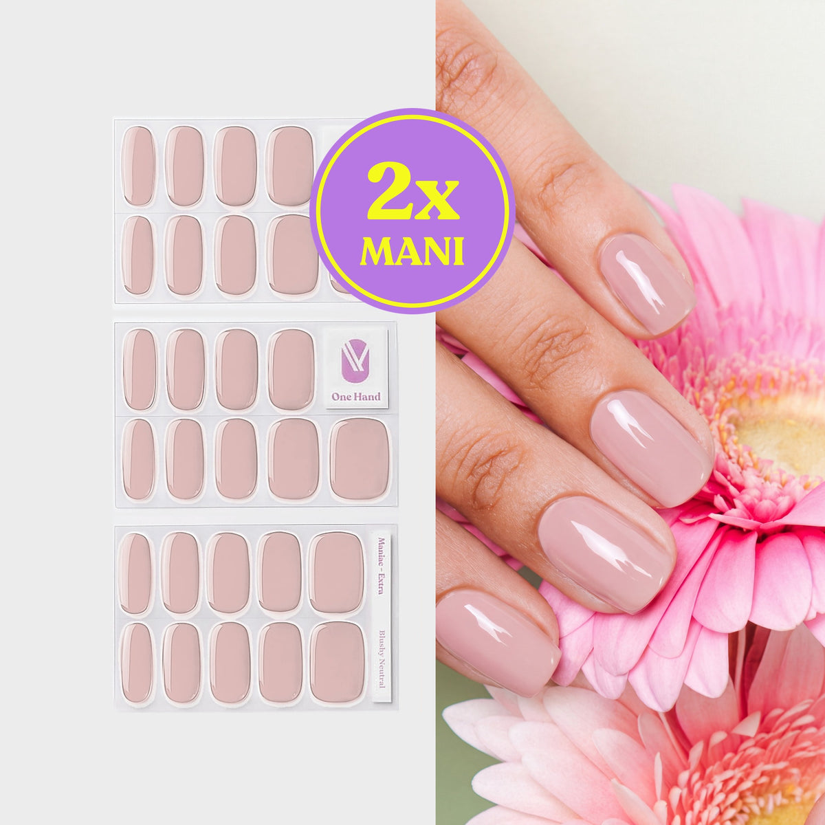 Blushy Neutral gellak stickers voor 2 manicures, stickervellen en resultaat op de nagels | Maniac Nails