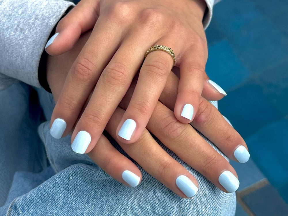 Breezy Blue Maniac Nails Baby Blue Manicure styling with jeans