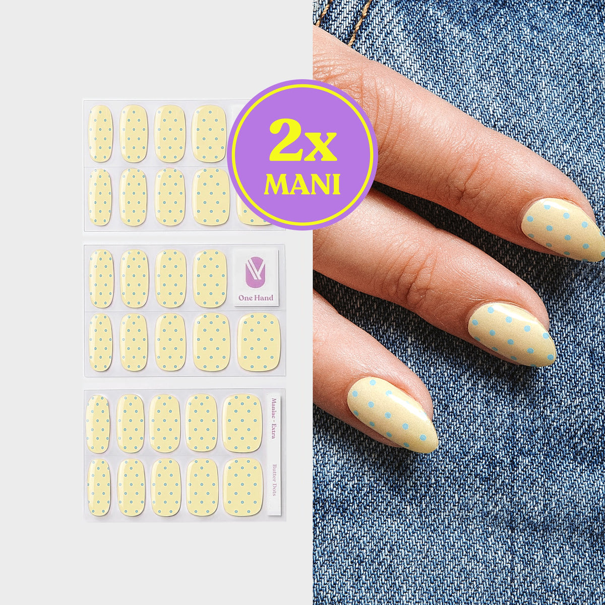 Butter dots gel nail strips for 2 manicures, sticker sheets and result on nails | Maniac Nails