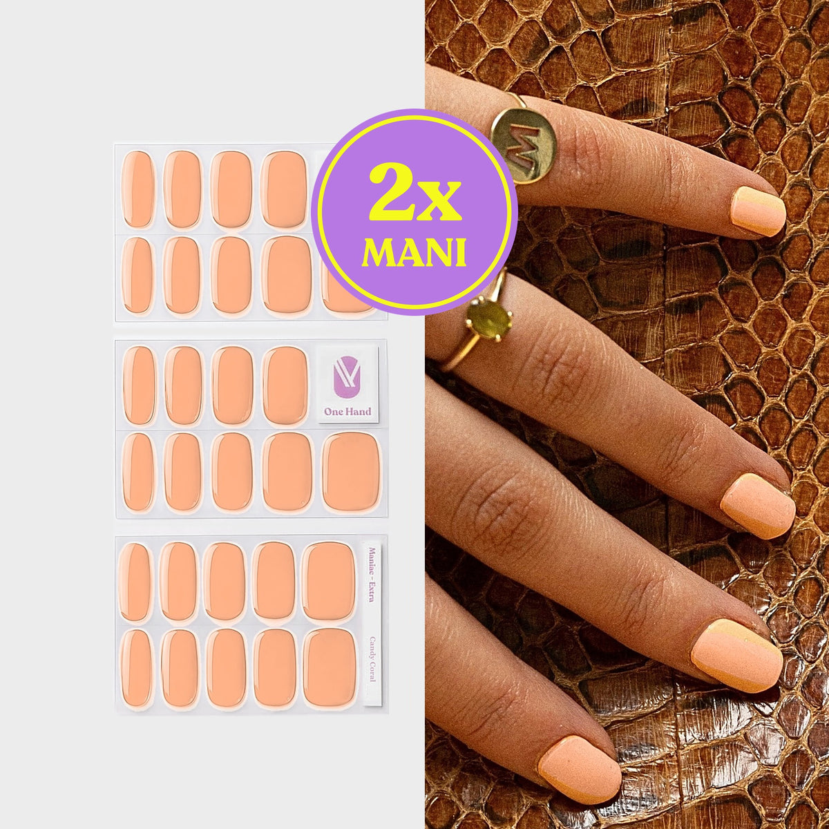 Candy Coral gel nail strips for 2 manicures, sticker sheets and result on nails | Maniac Nails