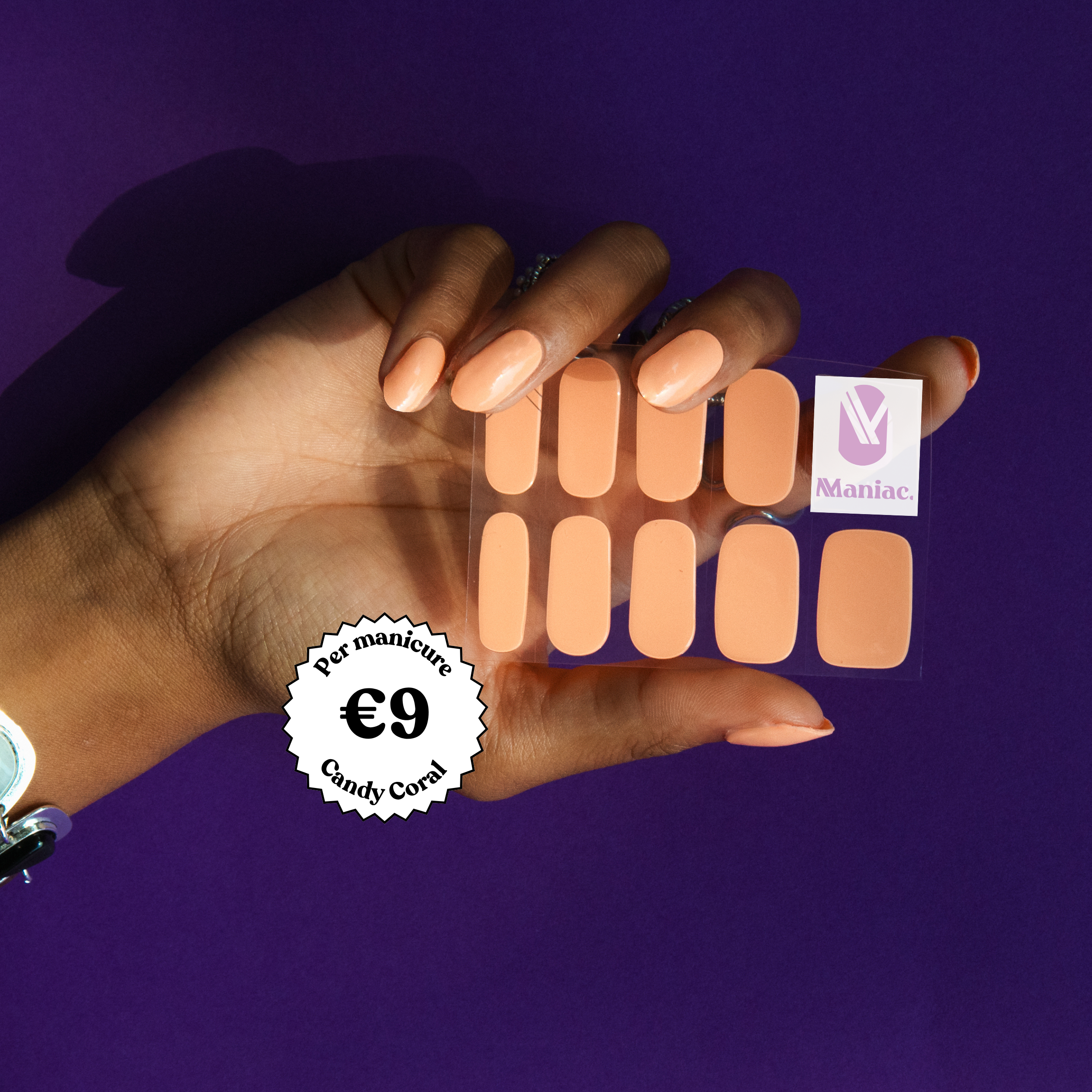 Light orange Nail gel polish stickers with 'Manicure' branding on a purple background