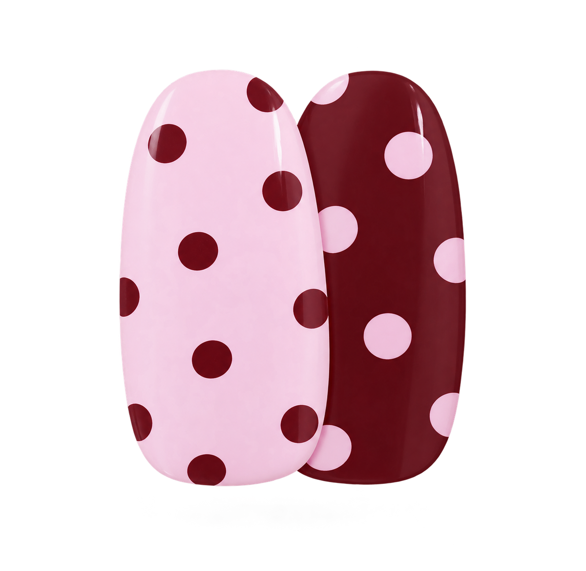 Dot About It gel nail sticker by Maniac Nails, pink and bordeaux polka dot nail