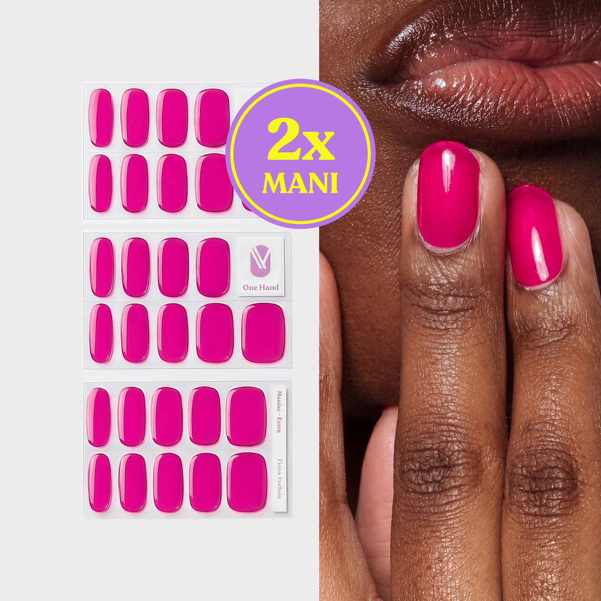 Fiona Fuchsia gel nail strips for 2 manicures, sticker sheets and result on nails | Maniac Nails