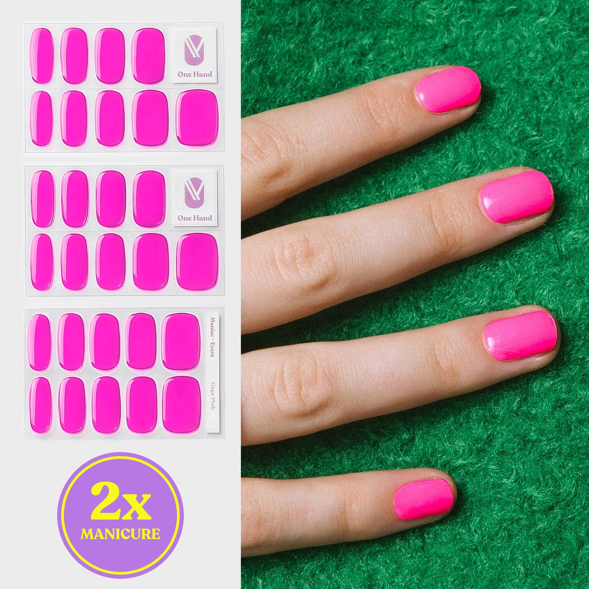 Gaga Pink gel nail strips for 2 manicures, sticker sheets and result on nails | Maniac Nails