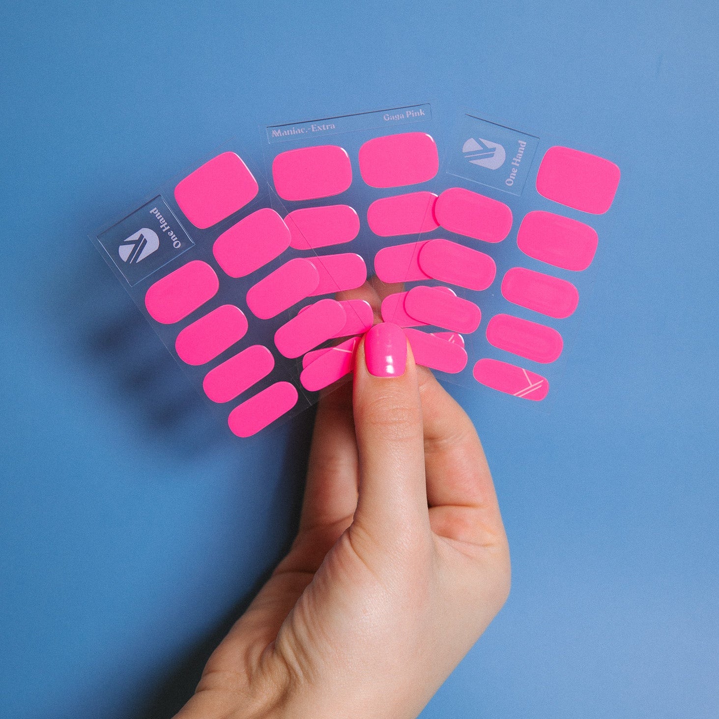 Gaga Pink Maniac nails bright pink gel stickers on hand and sheet