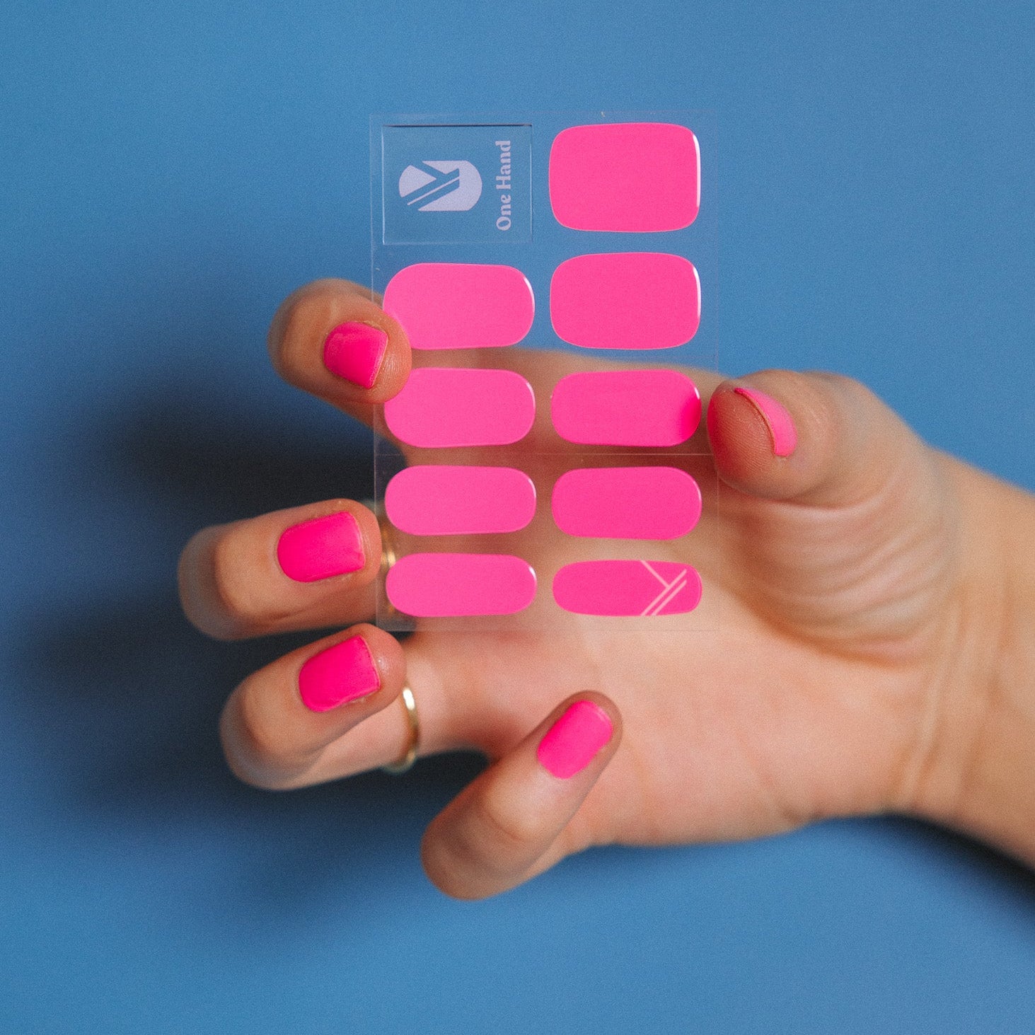 Gaga Pink Maniac nails bright pink gel stickers on hand and sheet