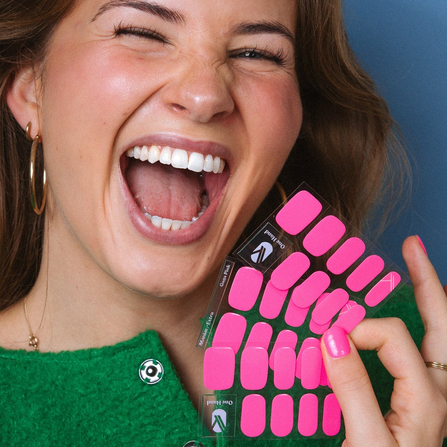 Gaga pink Maniac nails bright pink gel stickers with girl smiling and green jacket