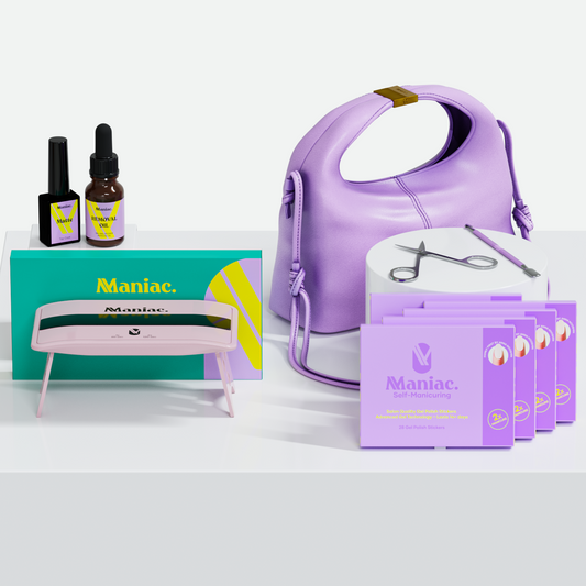 Maniac Nails Starterset Premium with 5 gel nail strip designs, mini UV lamp, Top Coat, Removal Oil, cuticle scissors, cuticle pusher and lilac bag