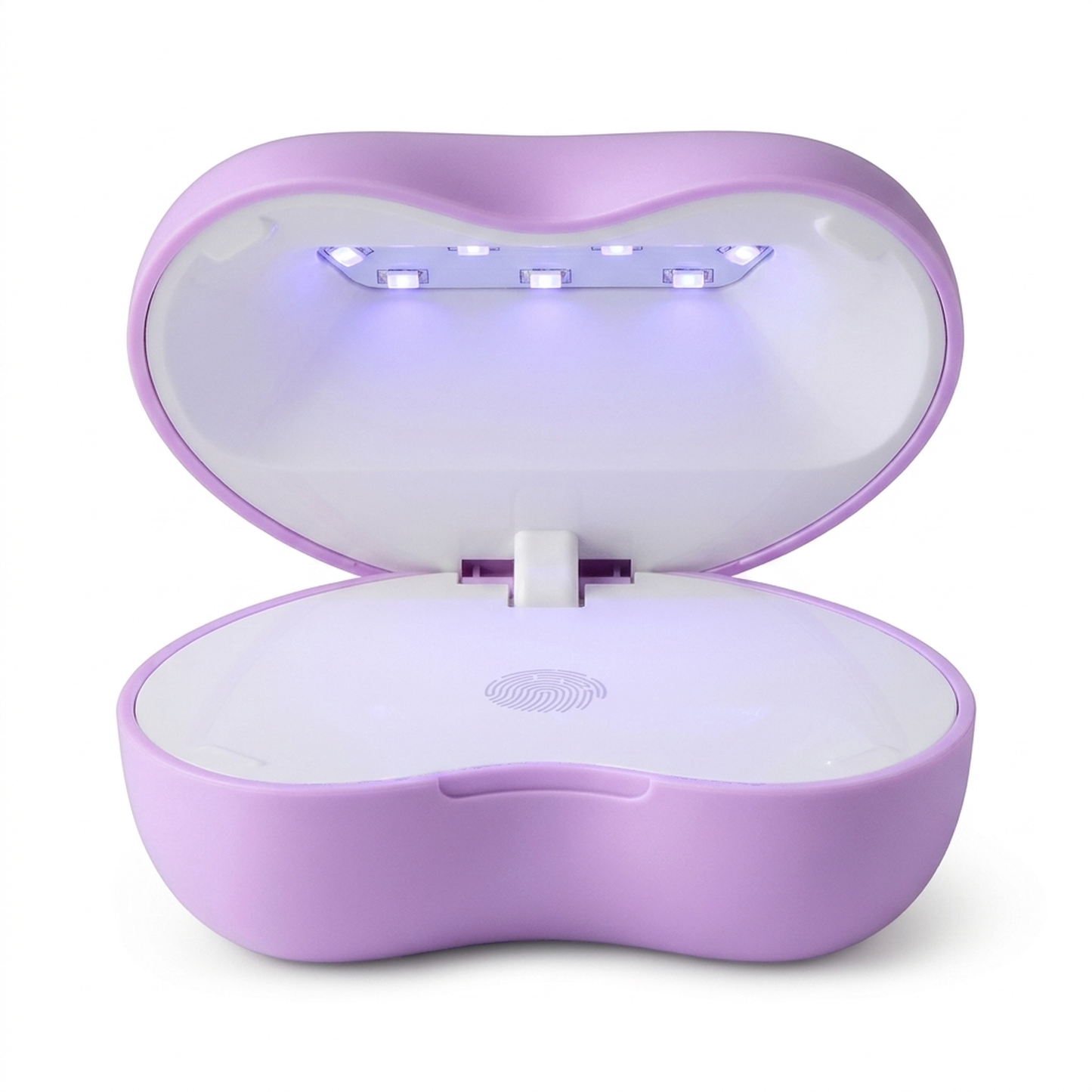 Rechargeable LED Nail Lamp by Maniac Nails opened up, showing the 6 LED lights in the lid that cure gel nail stickers
