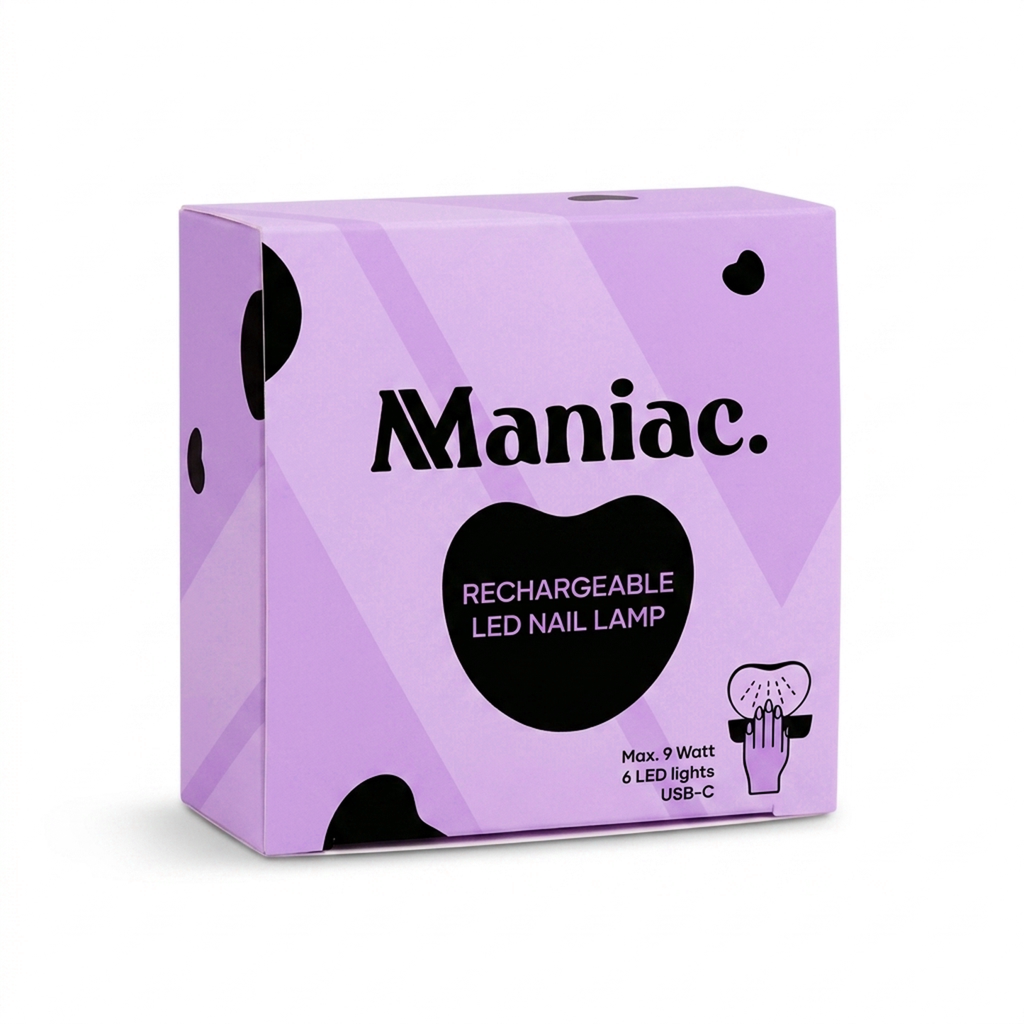 Packaging of the Rechargeable LED Nail Lamp by Maniac Nails, lilac box with max 9 watt, 6 LED lights and USB-C