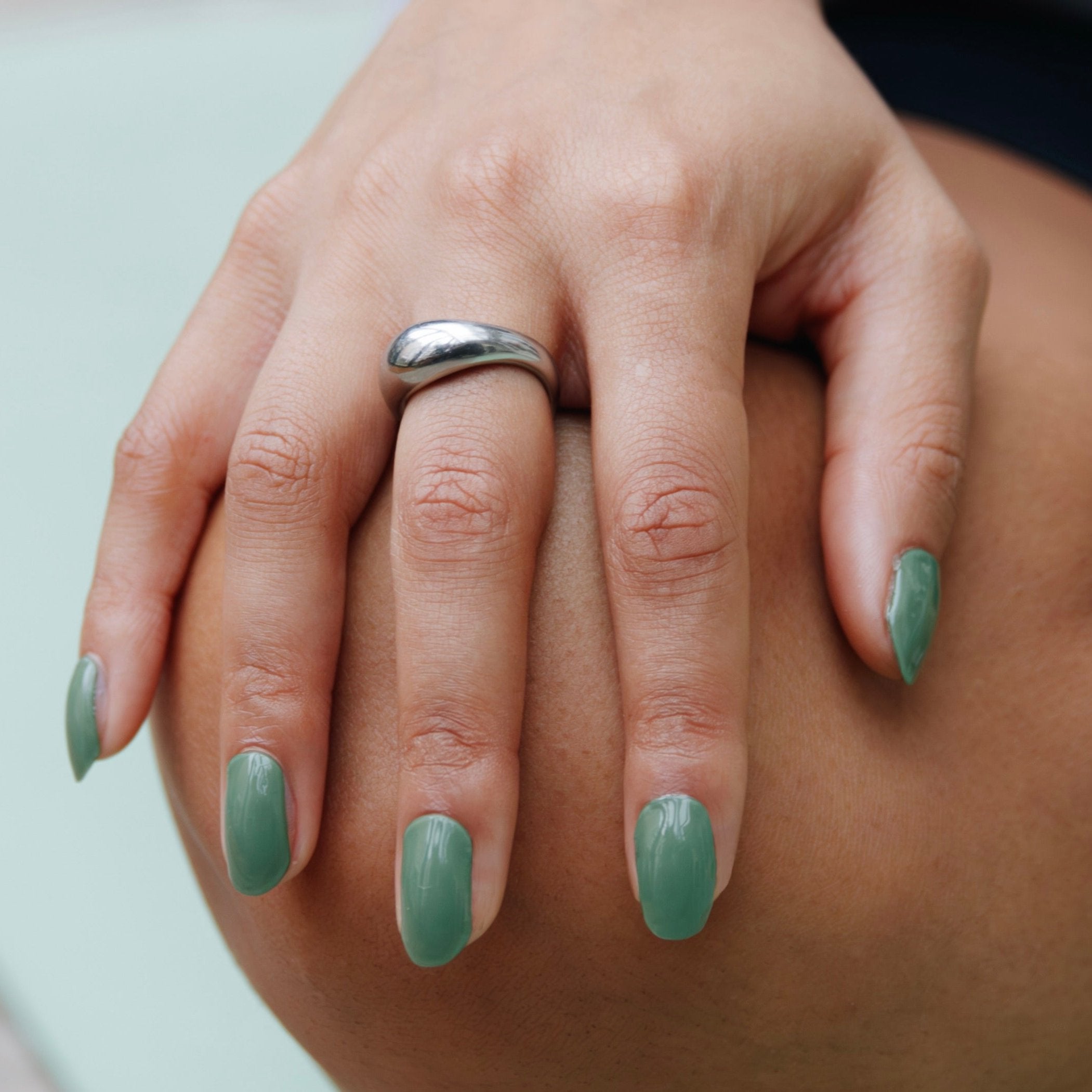 Olivia Green Maniac Nails solid Manicure Green with silver ring