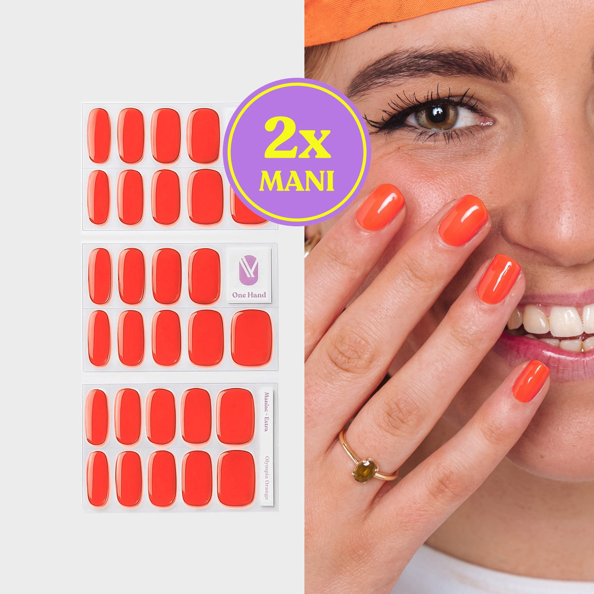 Olympia Orange gel nail strips for 2 manicures, sticker sheets and result on nails | Maniac Nails