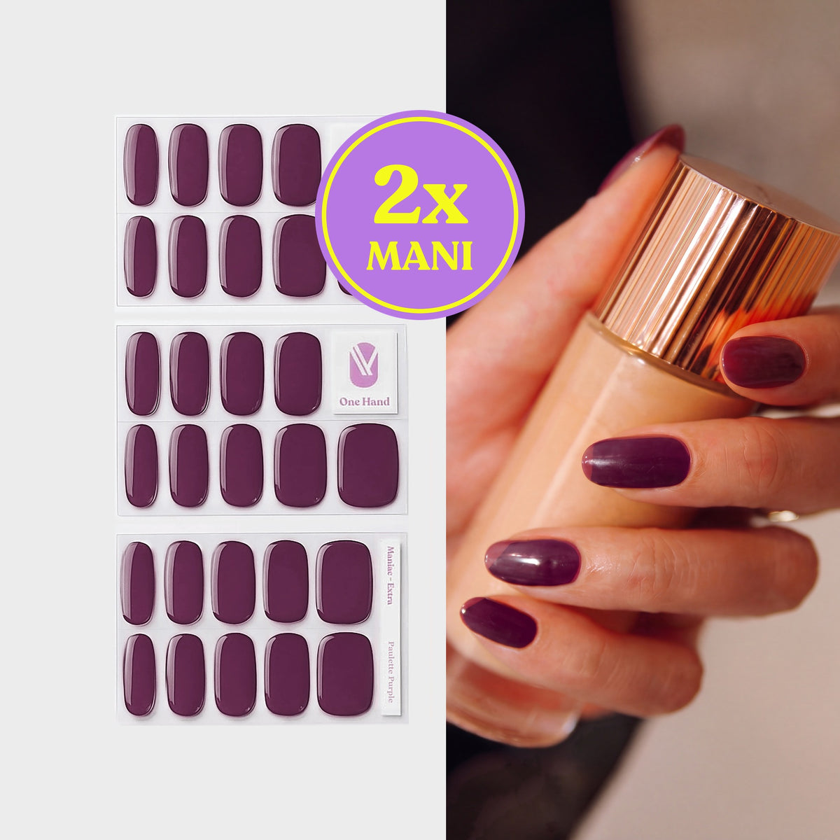 Paulette Purple gel nail strips for 2 manicures, sticker sheets and result on nails | Maniac Nails