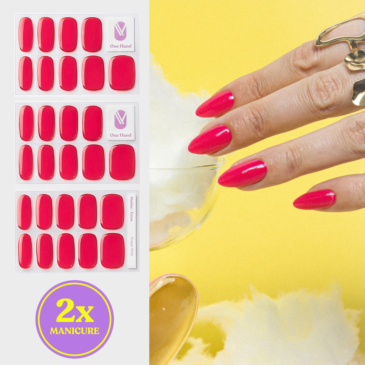 Poppy Pink gel nail strips for 2 manicures, sticker sheets and result on nails | Maniac Nails