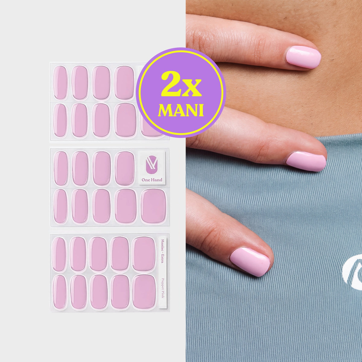 Puppet Pink gel nail strips for 2 manicures, sticker sheets and result on nails | Maniac Nails
