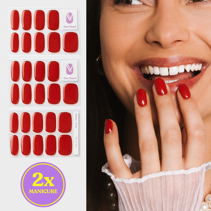 Raven Red gel nail strips for 2 manicures, sticker sheets and result on nails | Maniac Nails
