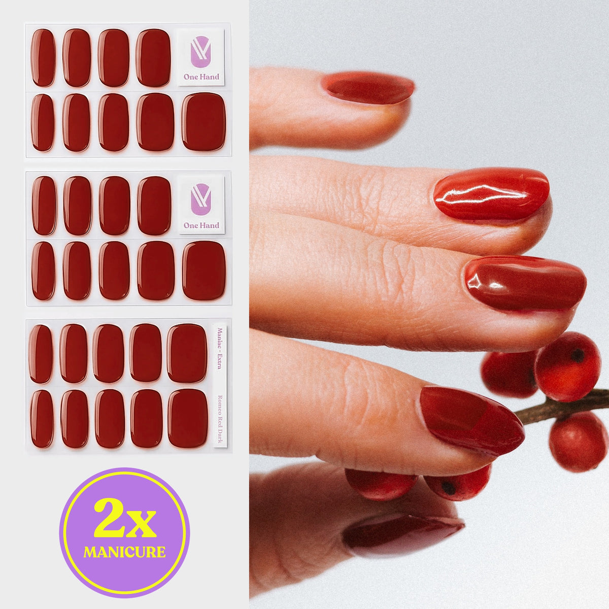 Romeo Red Dark gellak stickers voor 2 manicures, stickervellen en resultaat op de nagels | Maniac Nails