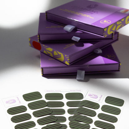 Stripe Tease gel nail sticker sheets by Maniac Nails, green pinstripe nail wraps and packaging