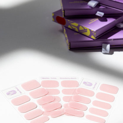 Sugar Shimmer gel nail sticker sheets by Maniac Nails, pink shimmer nail wraps and packaging