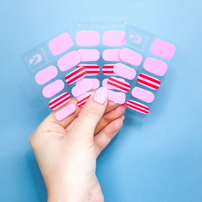 Suzy's Candy gel nail sticker sheets by Maniac Nails, pink and red striped nail wraps