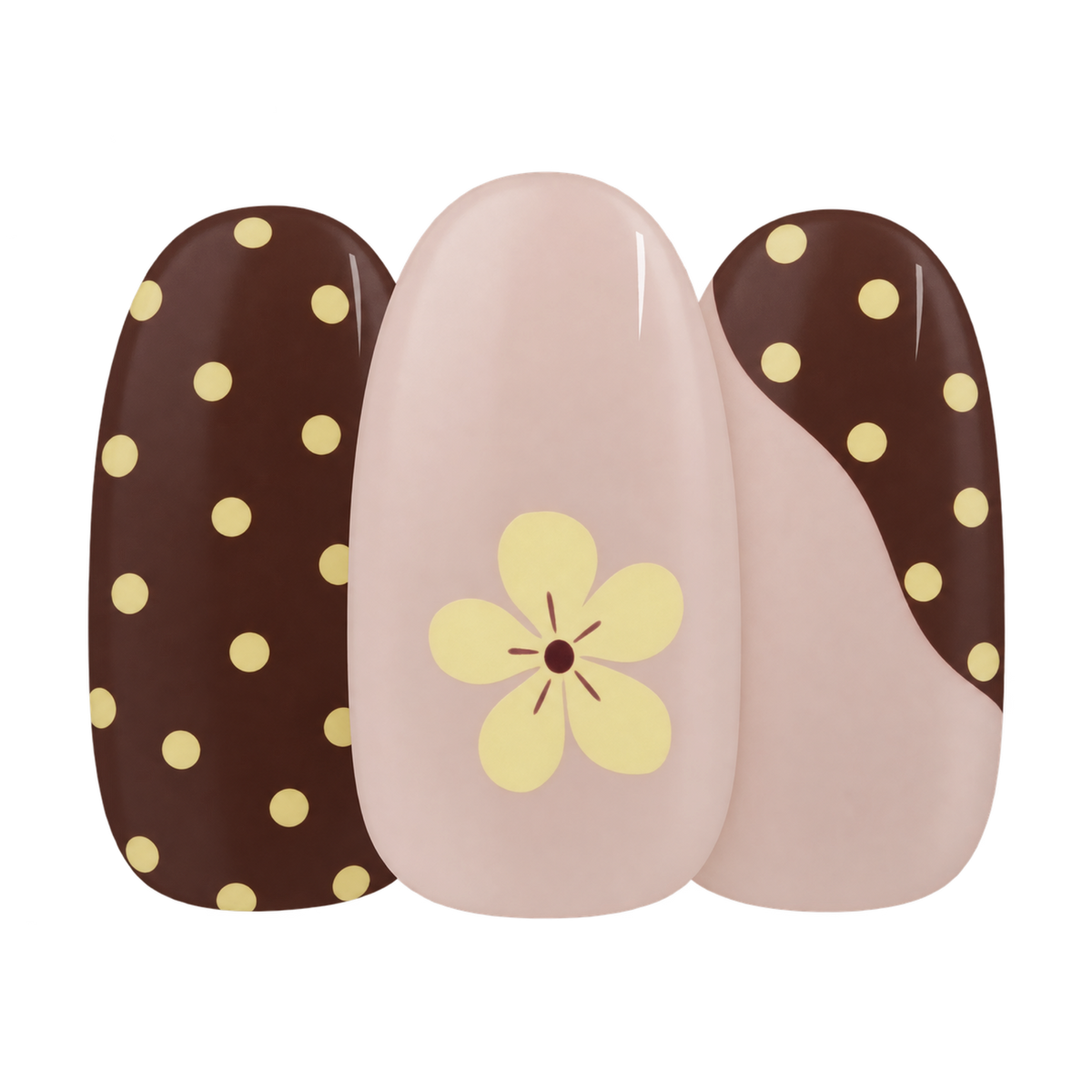 Toast & Honey gel nail sticker by Maniac Nails, cream nail with brown dots and a small flower