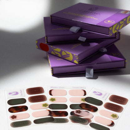 Vintage Olive gel nail sticker sheets by Maniac Nails, olive and tortoise nail wraps and packaging