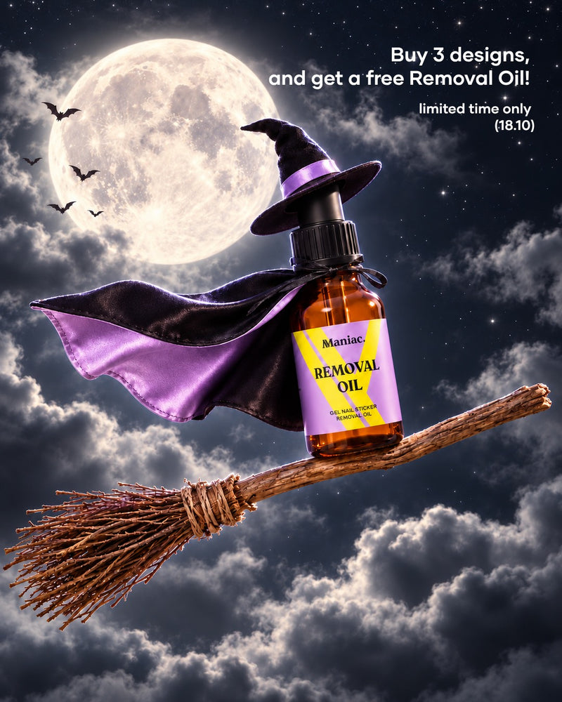 HALLOWEEN SALE IS LIVE! 🧙‍♀️🦇
ㅤ
For 3 days only, order 3 designs and get a FREE Removal Oil.
ㅤ
No trick, just a treat! 🖤